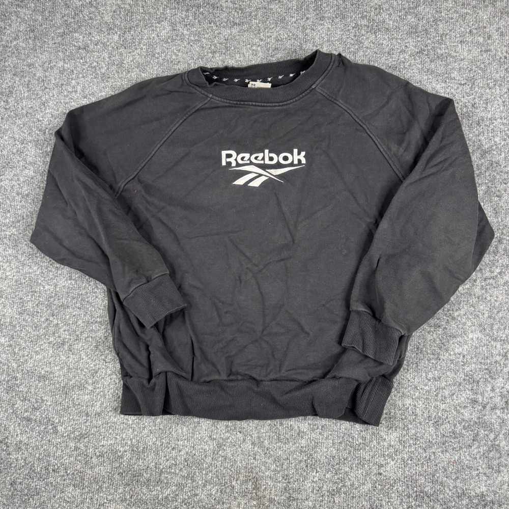 Reebok Sweatshirt Mens Size M Black Classic Logo Raglan Pullover Distressed